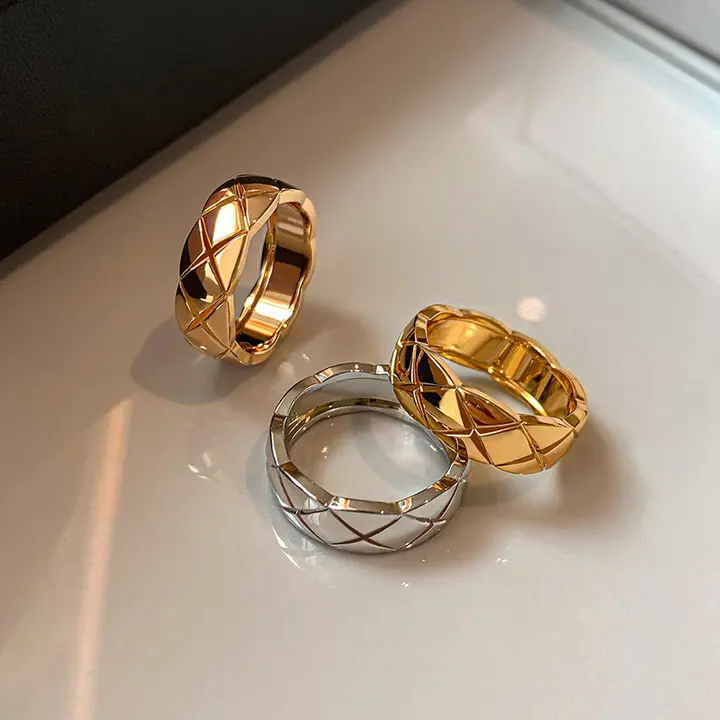 色落ちしない金属製 ローズゴールド・シルバーカラー ダイヤモンドパターンリング【指輪・レディース・軽やかな高級感】
