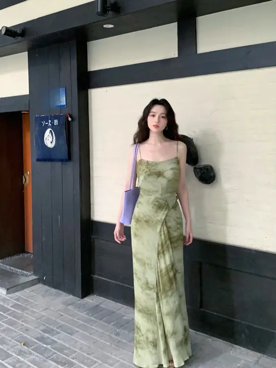 花染めロングキャミソールワンピース【レトロデザイン・ウエストリボン・夏用】