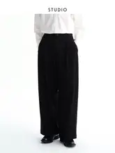 ウール混紡 抗皺ダブルプリーツ ゆったりとしたテーパードパンツ