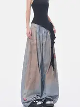 レトロな汚れ染めデザインの弯刀型デニムパンツ【ハイストリートスタ イル・ハーレムパンツ】（セットアップ対応）