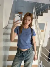 アメリカンビンテージ風デニム調ウォッシュ加工のデコンストラクション半袖Tシャツ【レディース・  ショート丈】