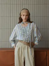 ストライプ花柄フリルシャツ【袖飾り付き・フィット】