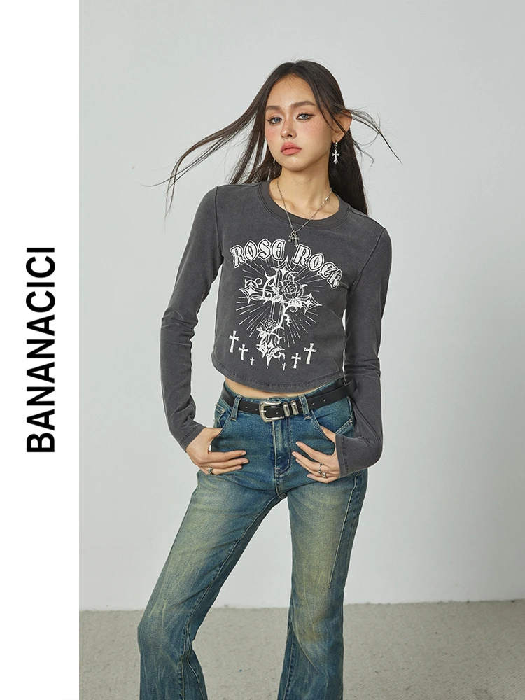 バンドカラーロングシャツ レトロゴシック風 プリント長袖Tシャツ：通勤シーンでの実用性とデザインのバランス