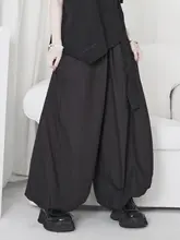 高腰の黒いランタンパンツ【スリムデザイン・カジュアル・ワイドレッグ】（セットアップ対応）