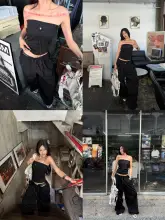 ブラックストリートスタイルのしたフィットネスビスチェとワイドレッグパンツ（セットアップ対応）