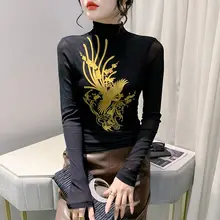 エレガントな刺繍トップス【女性用・秋用・高ニット・ネット素材・タイトフィット・長袖Tシャツ】