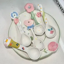 かわいい手描き陶器製スプーン【子供用・カートゥーンデザイン・家庭用】