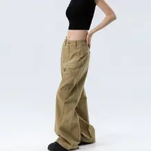 レトロデザインのカキ色ワークスタイルハイウエストジーンズ【秋春用・スリムフィット・カジュアル】（セットアップ対応）