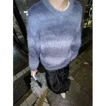 グラデーションデザインの毛混セーター【丸首・クルーネック・ユニセックス・ストライプ】