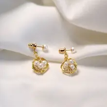 925シルバー製14K金メッキ 天然淡水パールピアス【個性的なサークルデザイン・アレルギー対応】