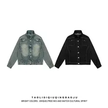 ビンテージ風ウォッシュ仕上げのデニムワークジャケット【立襟・秋用・レディース・ゆったりしたフィット】