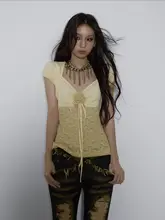 NO ROMANCE レトロデザインのリボン付きレースニットTシャツ【パフスリーブ・リバーシブル】