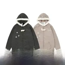 犬刺繍付きストライプフード付きパーカー【男女兼用・秋冬用・極上の柔らかさ】
