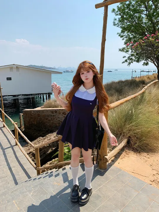 学院風デザインの二重襟プリーツワンピース【大きいサイズ対応】（セットアップ対応）