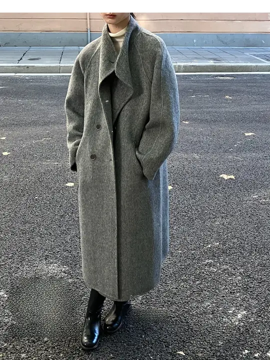 Nice peopleAW デザイン性のあるアルパカウールダブルフェイスコート【大きな襟・ダブルボタン】