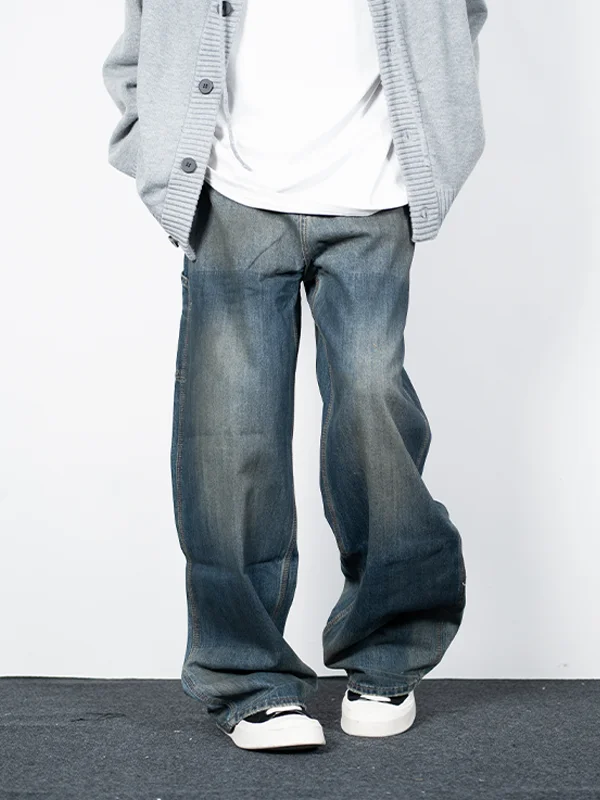 ゆったりとしたストレートレッグデニムパンツ【アメリカンスタイル・ウォッシュ加工・メンズ】