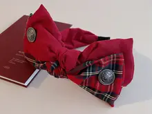 カチューシャ ハンドメイド 大ぶり蝶結び タータンチェック ボルドー