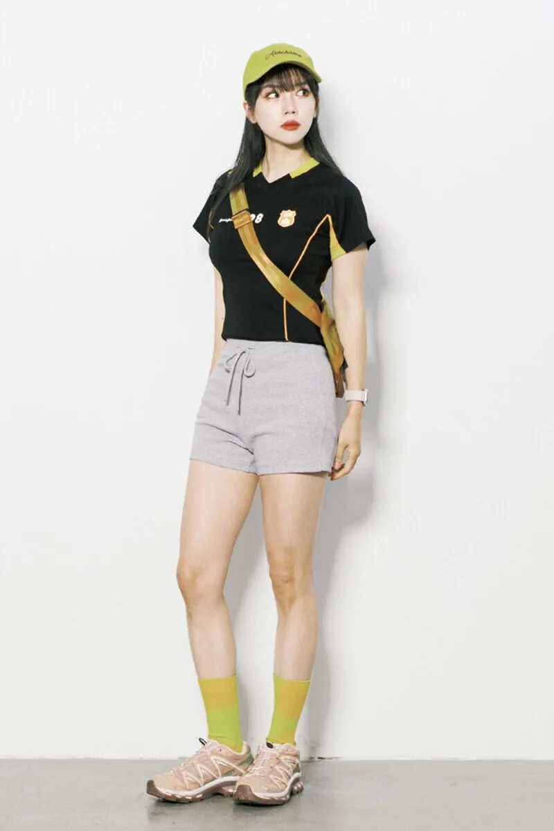 レディース 夏用Vネック短袖Tシャツ【アメリカンレトロ・カラーブロック・フィット感】