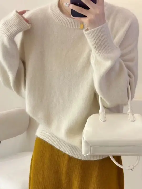 ラウンドネック羊毛ニットセーター【ゆったりとしたデザイン・レディース・柔らかいカシミヤ混】
