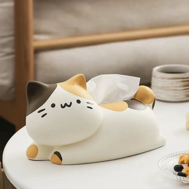 可愛い三毛猫デザインの陶器製ティッシュボックス【リビング用・創意装飾】