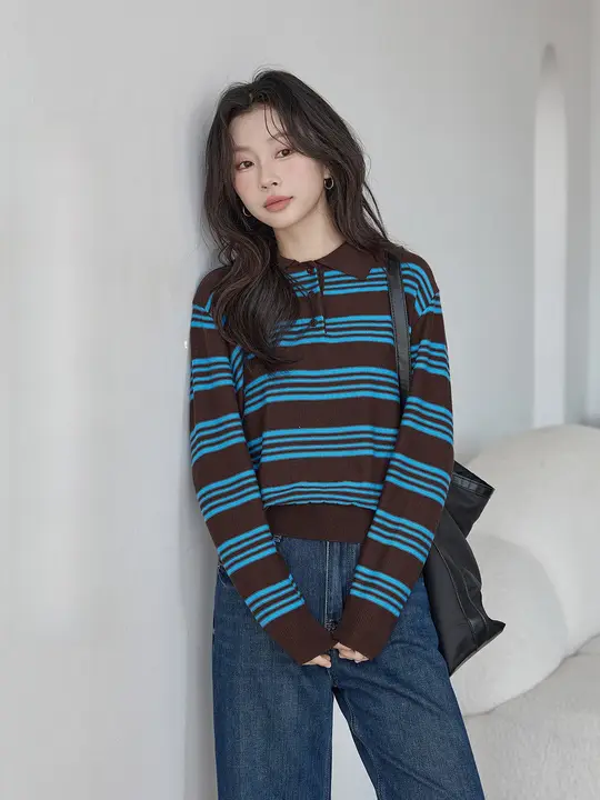 ストライプ柄 長袖Tシャツ【レディース・ポロシャツ・学院風・シルエットを美しく見せる】