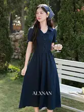 フレンチスタイルの夏用 藍色短袖ワンピース【上品な通勤用】