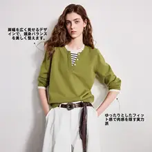 ニット トップス レディース パッチワーク フェイクレイヤード クルーネック Vネック 二重衿 秋
