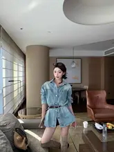 復古スタイルのPOLO襟デニムシャツ【ゆったりとした中長丈・女性用】（セットアップ対応）