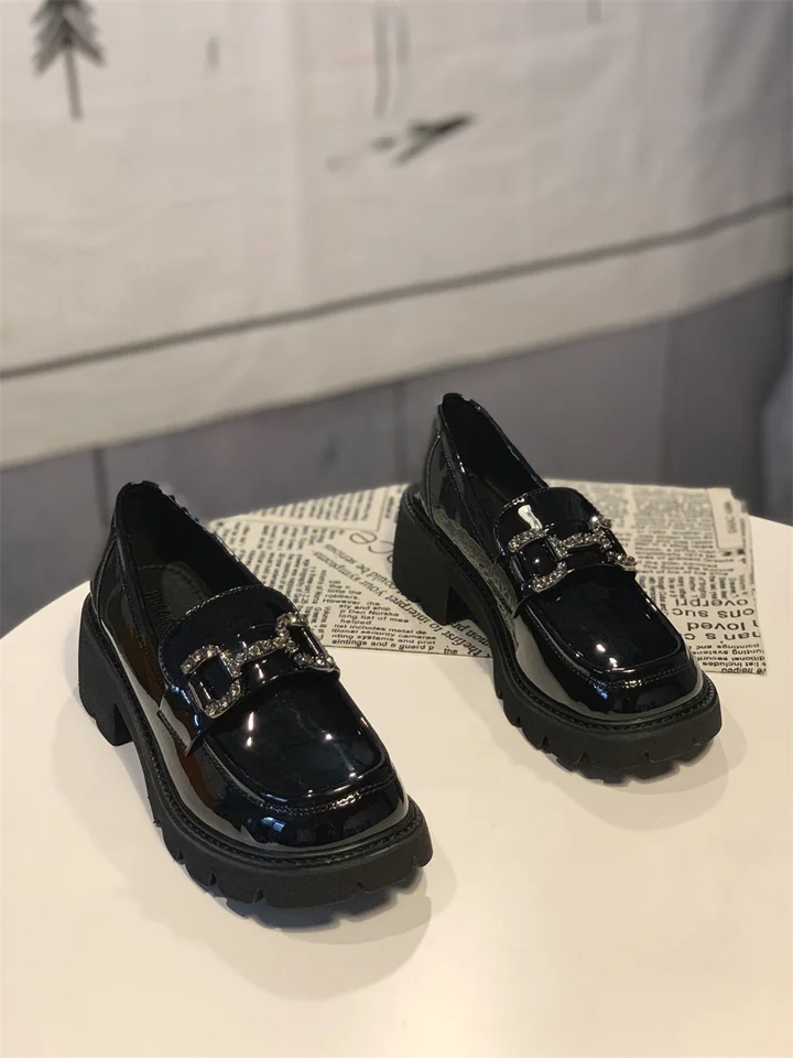 厚底レディースローファーシューズ【水晶装飾・合皮・春用・イギリス風】