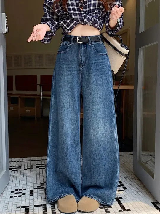 深い青色のヴィンテージ風ワイドレッグデニムパンツ【秋用・ハイウエスト・カジュアルロングパンツ】