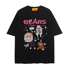 カジュアルなクマのバースデーパーティーTシャツ【アメリカンヴィンテージ・かわいいカートゥーンプリント・ゆったりサイズ】
