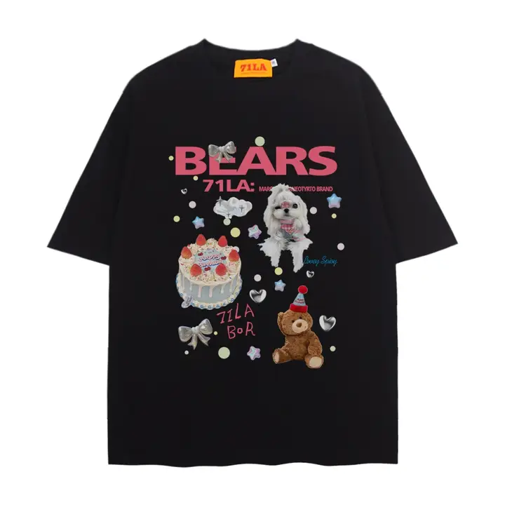 カジュアルなクマのバースデーパーティーTシャツ【アメリカンヴィンテージ・かわいいカートゥーンプリント・ゆったりサイズ】