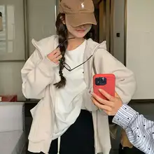 春秋向けアメリカンレトロデザインのゆったりフード付きパーカー【ダブルジッパー・単  色・カジュアルジャケット】