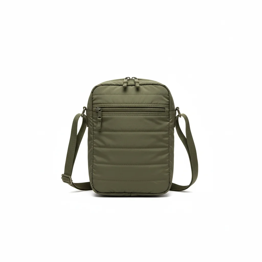 カーキの縦型ショルダーバッグ白背景画像
