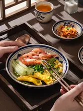 青花式レトロ土製ボウル【中華料理用・火鍋・ラーメン・蒸し料理】