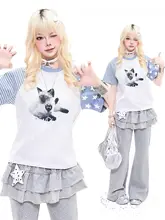 星柄ストライプの短袖Tシャツ【レディース・夏用・フィット感・猫デザイン】