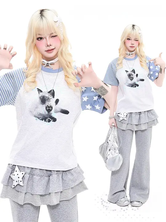 星柄ストライプの短袖Tシャツ【レディース・夏用・フィット感・猫デザイン】
