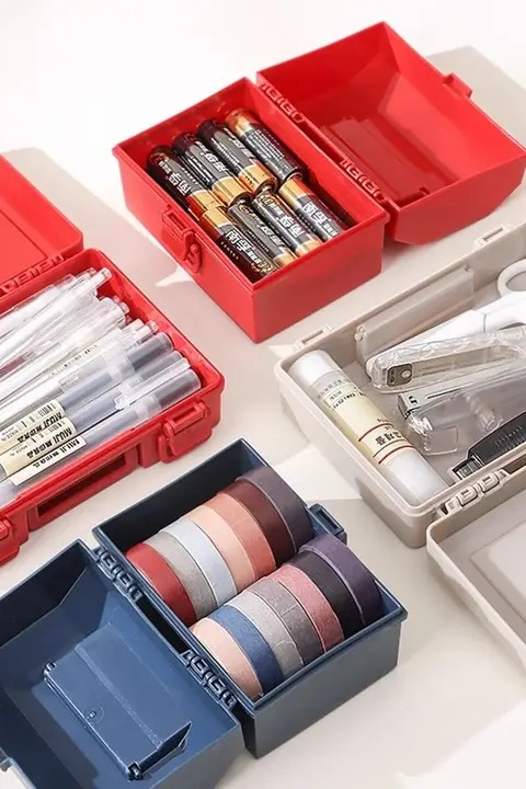 レトロデザインのプラスチック工具箱【ハンドル付き・多機能収納ボックス・ミニサイズ】
