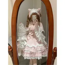 ピンクの可愛いドール風ロリータワンピース【古風なデザイン・ケープ付き】