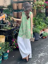 新中式国風 緑の印花無袖トップスとワイドパンツ【美しいデザイン・高級感・春夏用】（セットアップ対応）