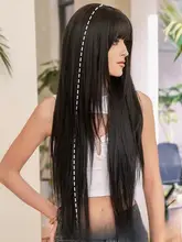 ファッション用の黒色ロングストレートウィッグ【レイヤー入り・丸顔向け】