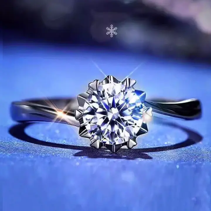 モザン石のダイヤモンドリング【六爪・雪花デザイン・純銀製・婚約用】