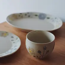 小さなティーカップ 楕円プレート 平皿 無尽夏 手描きシリーズ セラミック