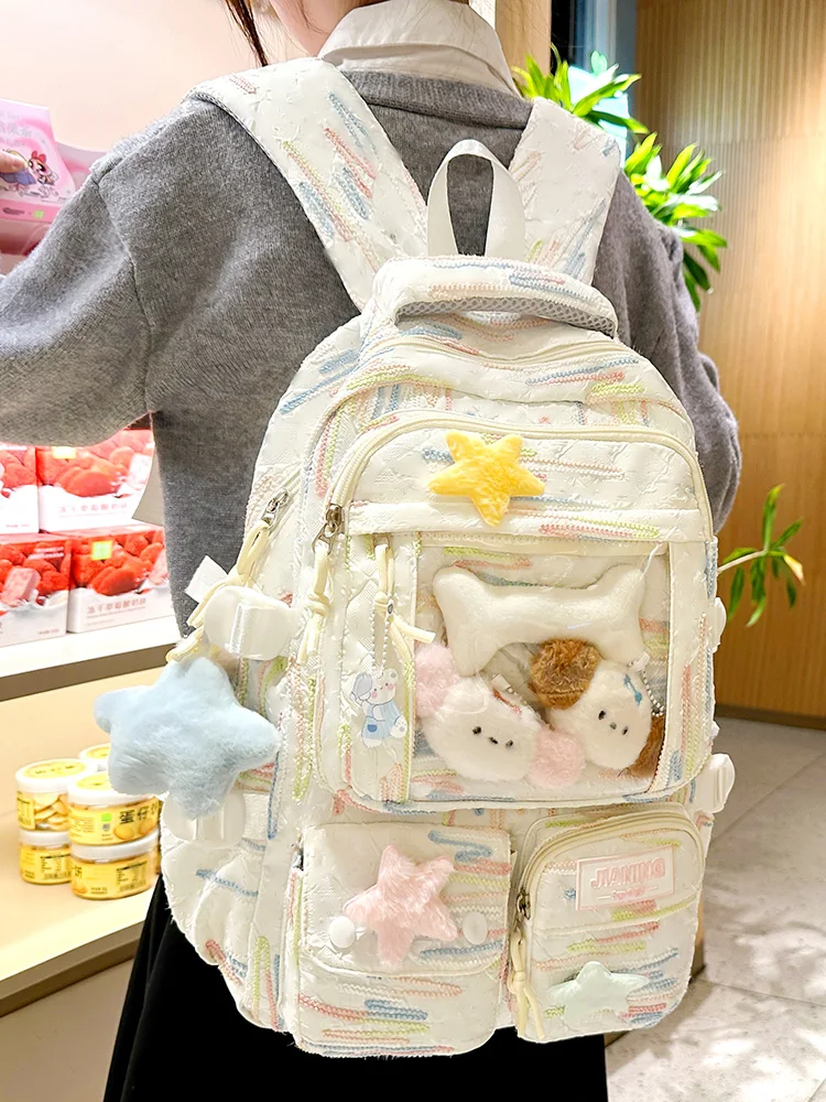 かわいいストライプのリュック：甜美学院風で軽量かつ柔らかい通学用バックの実用性解析