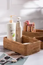 北欧風 レトロデザインの天然木製収納ボックス【ラタン編み・化粧品・文具整理用】