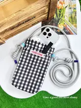 チェック柄の翻蓋スマホバッグ【ブルー・斜め掛け・多機能】