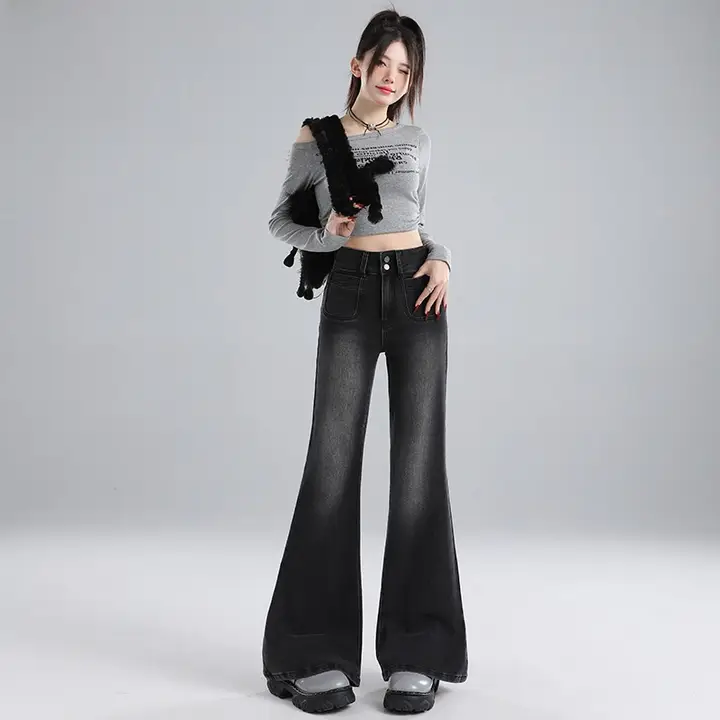 秋用ハイウエストフレアジーンズ【ブラックグレー・フィット・女性用】