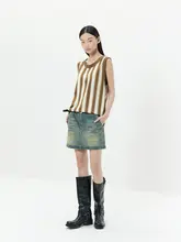OPICLOTH Aラインデザインのヴィンテージ風デニムスカート【中腰・酵素洗い・ブルー】