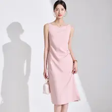エレガントな無袖ワンピース【中長丈・ウエスト絞り・プリーツデザイン】（セットアップ対応）