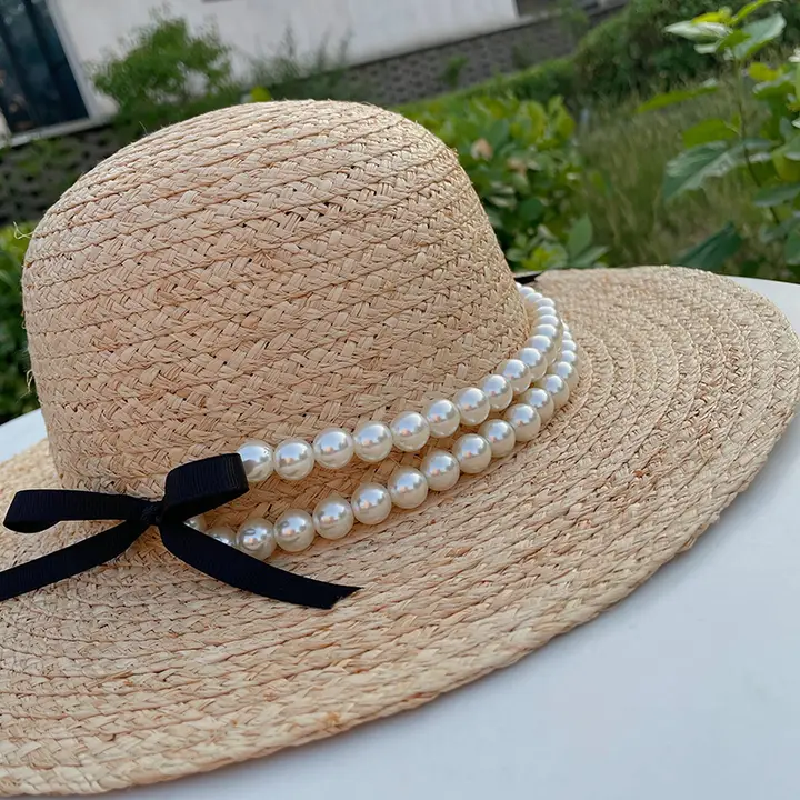 パール付きリボンデザインのラフィア草編みハット【夏用・日よけ効果】